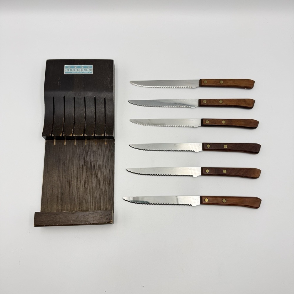 Vtg Forgecraft Japan Steak Knife Set of 6 Serrated Stainless Steel & Wood Block